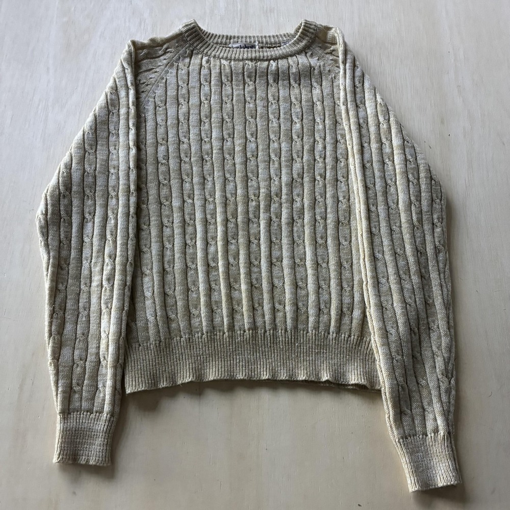 Vintage Ivy League Sweater Womens Medium White Crew Neck Cable-Knit Pullover